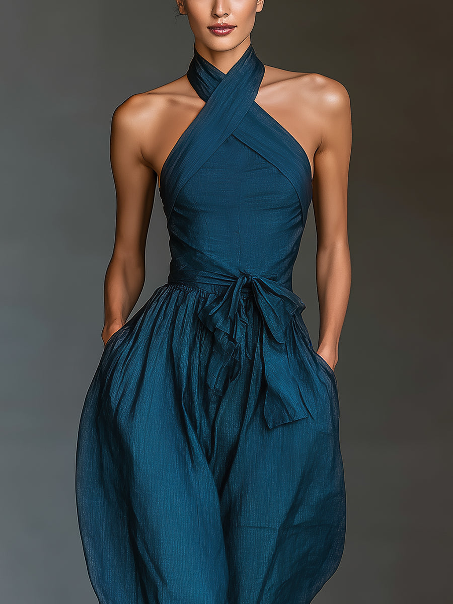 STINA | HALTER LINEN WIDE LEG JUMPSUIT - Teal Blue