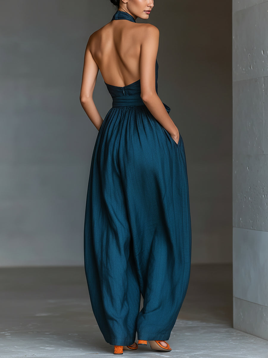 STINA | HALTER LINEN WIDE LEG JUMPSUIT - Teal Blue