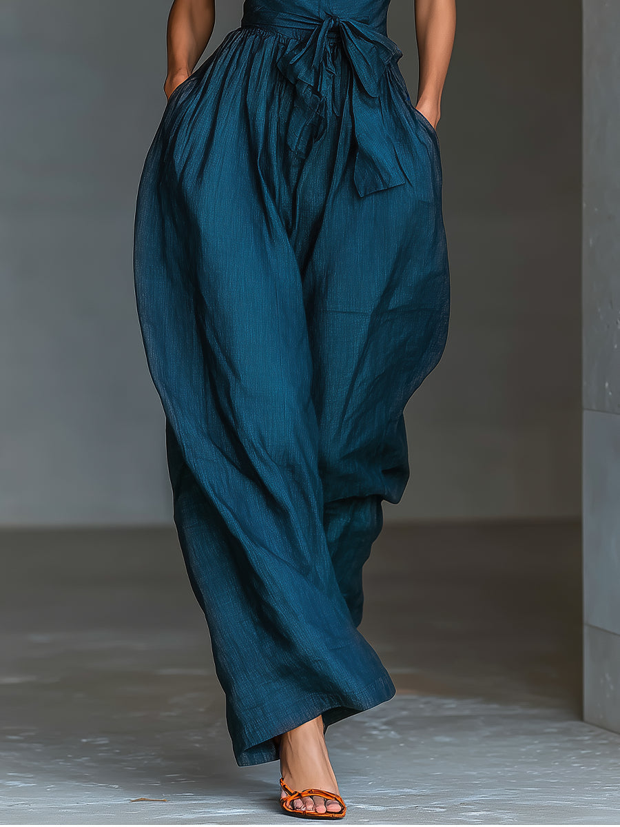 STINA | HALTER LINEN WIDE LEG JUMPSUIT - Teal Blue