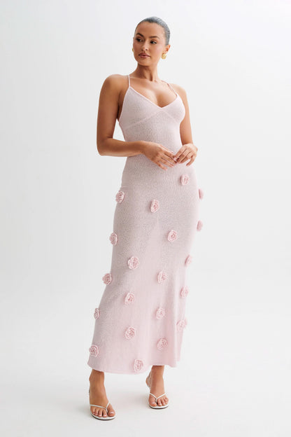 Light pink knit maxi dress with textured rose details