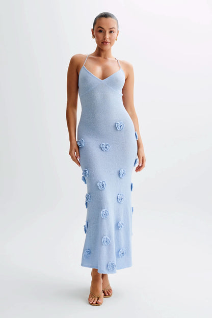 Light blue knit maxi dress with 3D floral embellishments