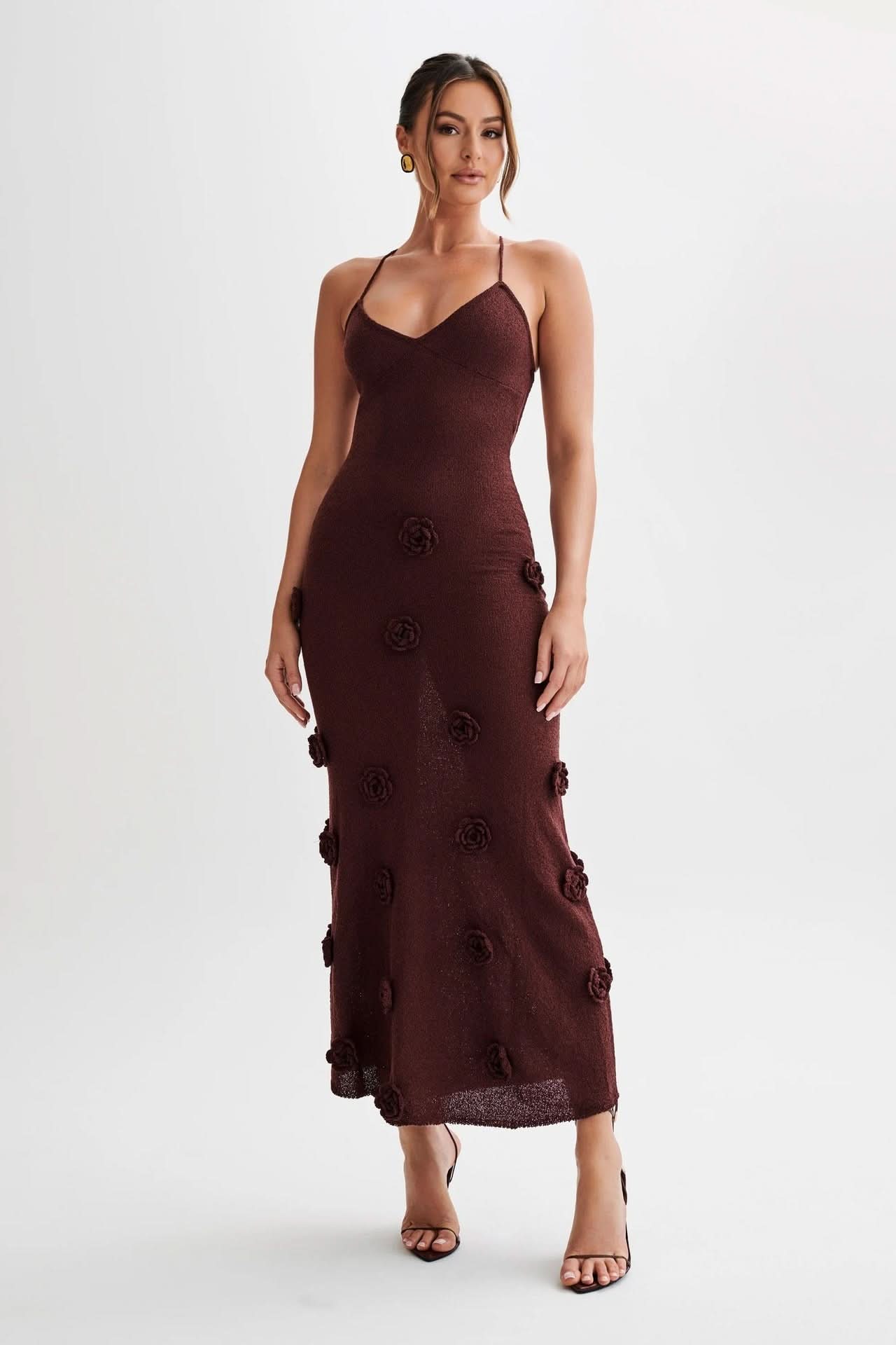 Burgundy knit maxi dress with dimensional flower appliqués
