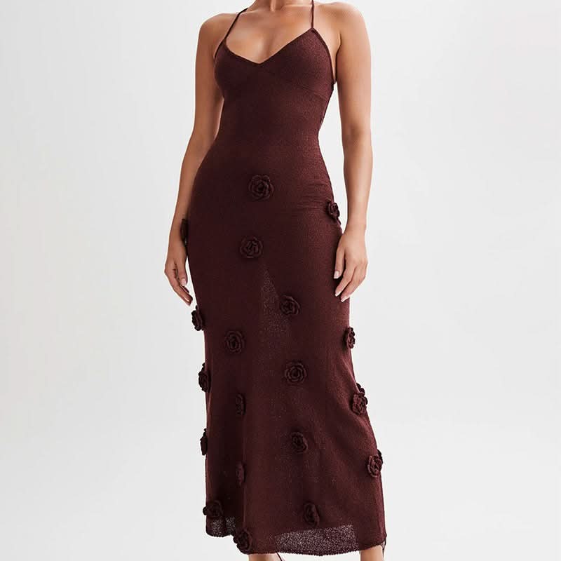 Deep burgundy maxi dress with textured 3D rose details
