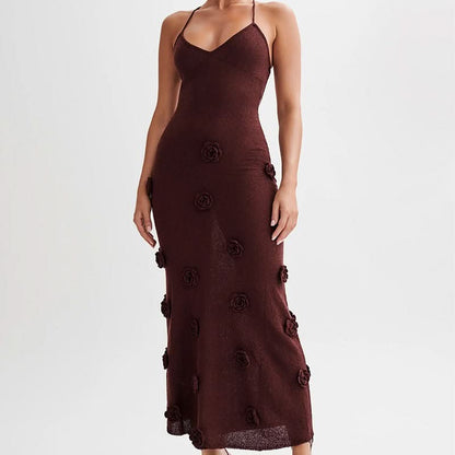 Deep burgundy maxi dress with textured 3D rose details