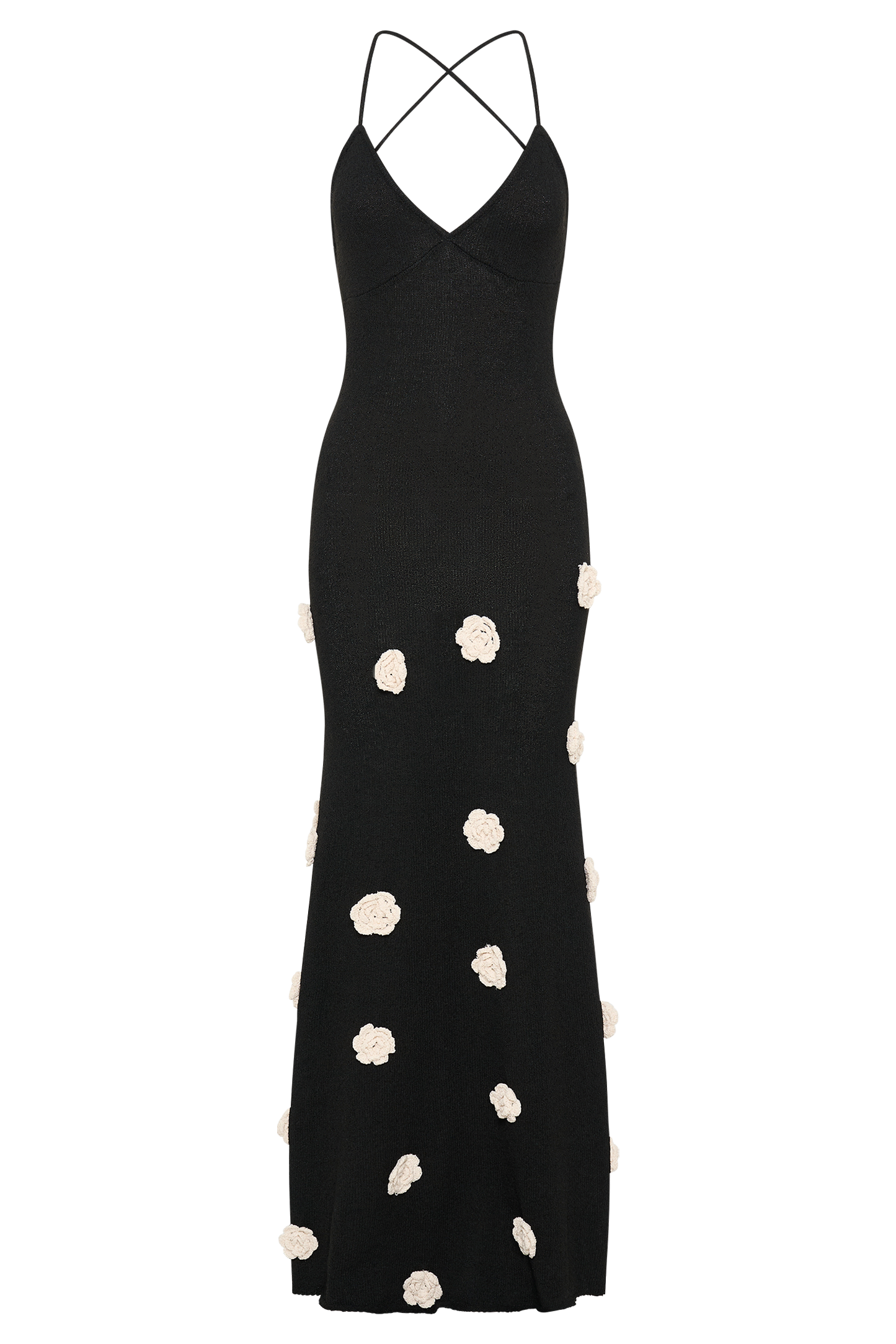 Black maxi dress with crossback straps and cream flower details