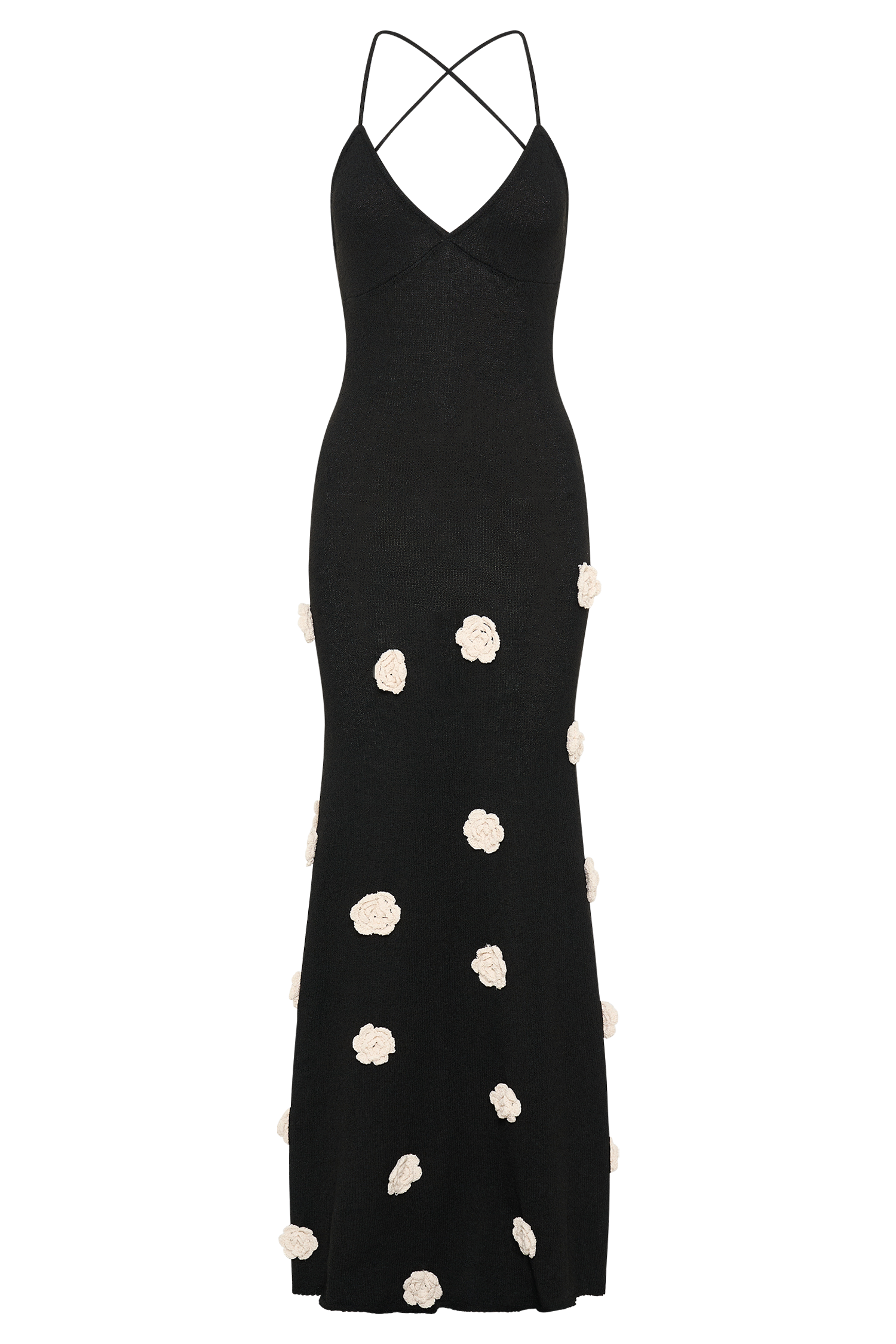Black maxi dress with crossback straps and cream flower details