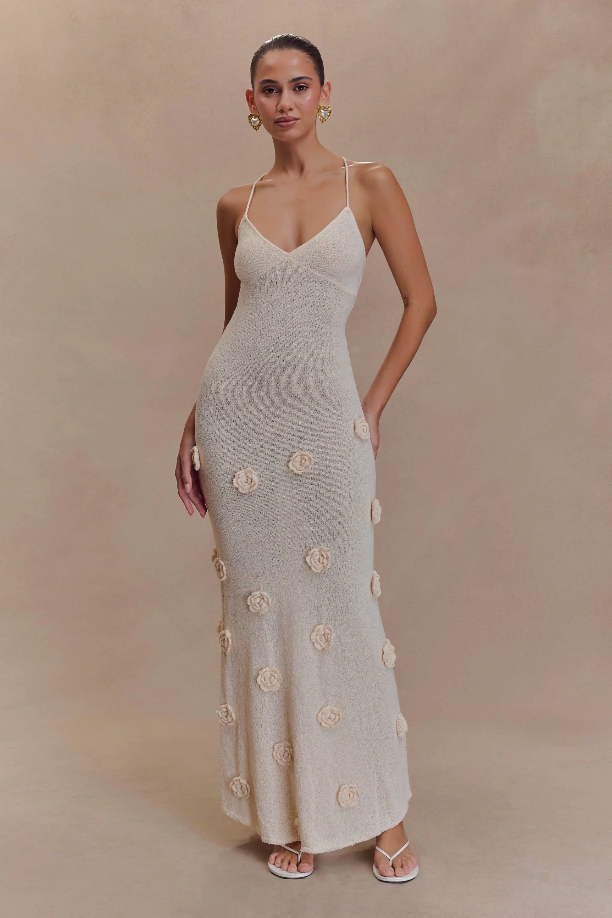 Cream maxi dress with textured flower appliqués, v-neck cami