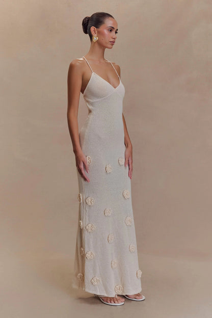 Cream ribbed maxi dress with cream flower details, side profile