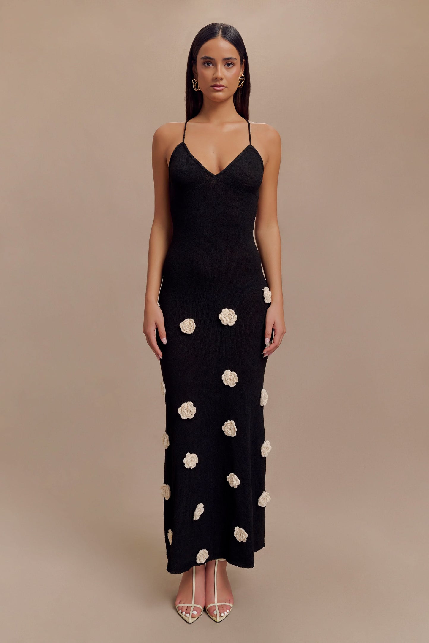 Black maxi dress with cream floral appliqués, v-neck cami straps