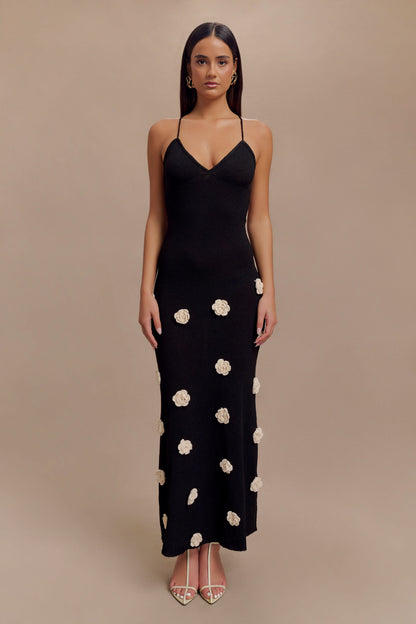 Black maxi dress with cream floral appliqués, v-neck cami straps