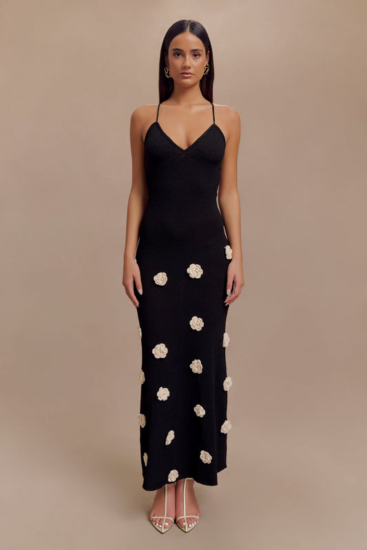 Black maxi dress with cream floral appliqués, v-neck cami straps