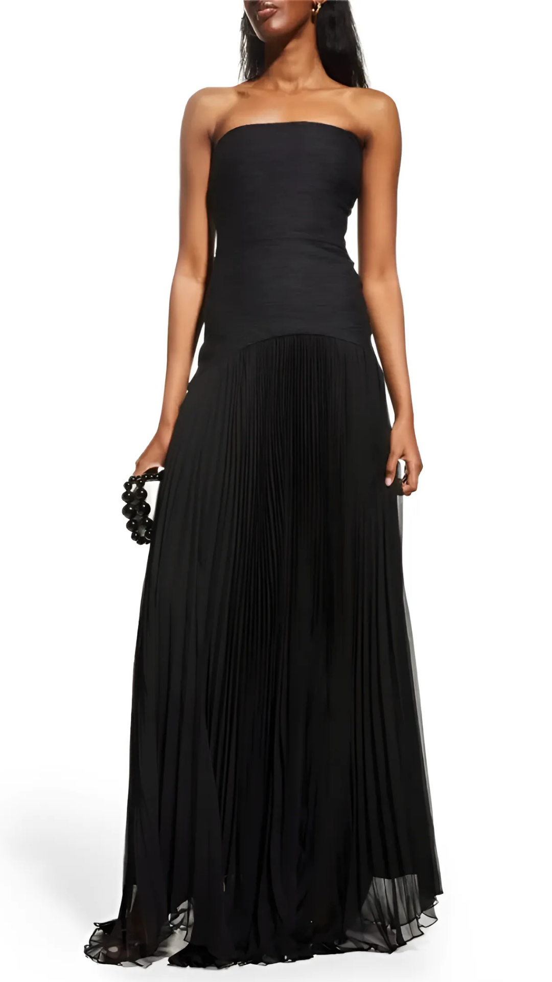 Black strapless pleated maxi dress front view with beaded clutch