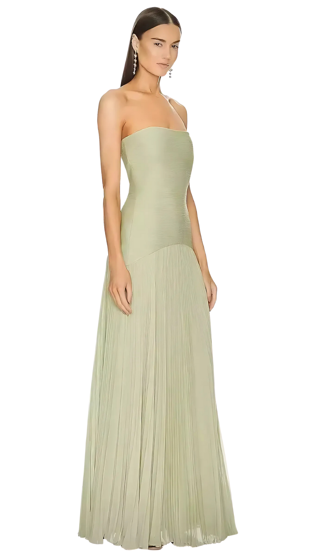 Side view of sage green strapless evening gown with pleated hem