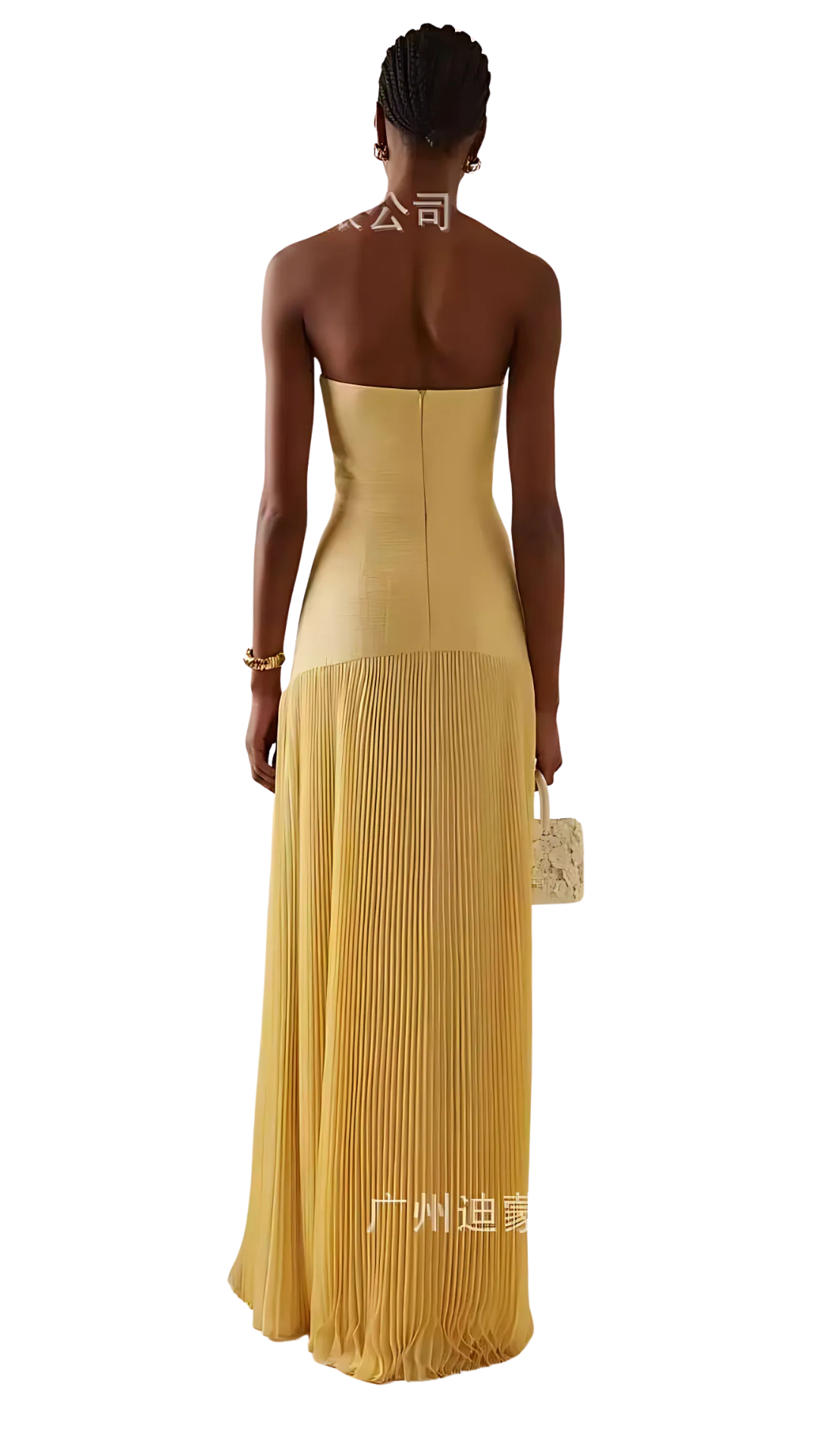 Gold strapless pleated maxi dress back view