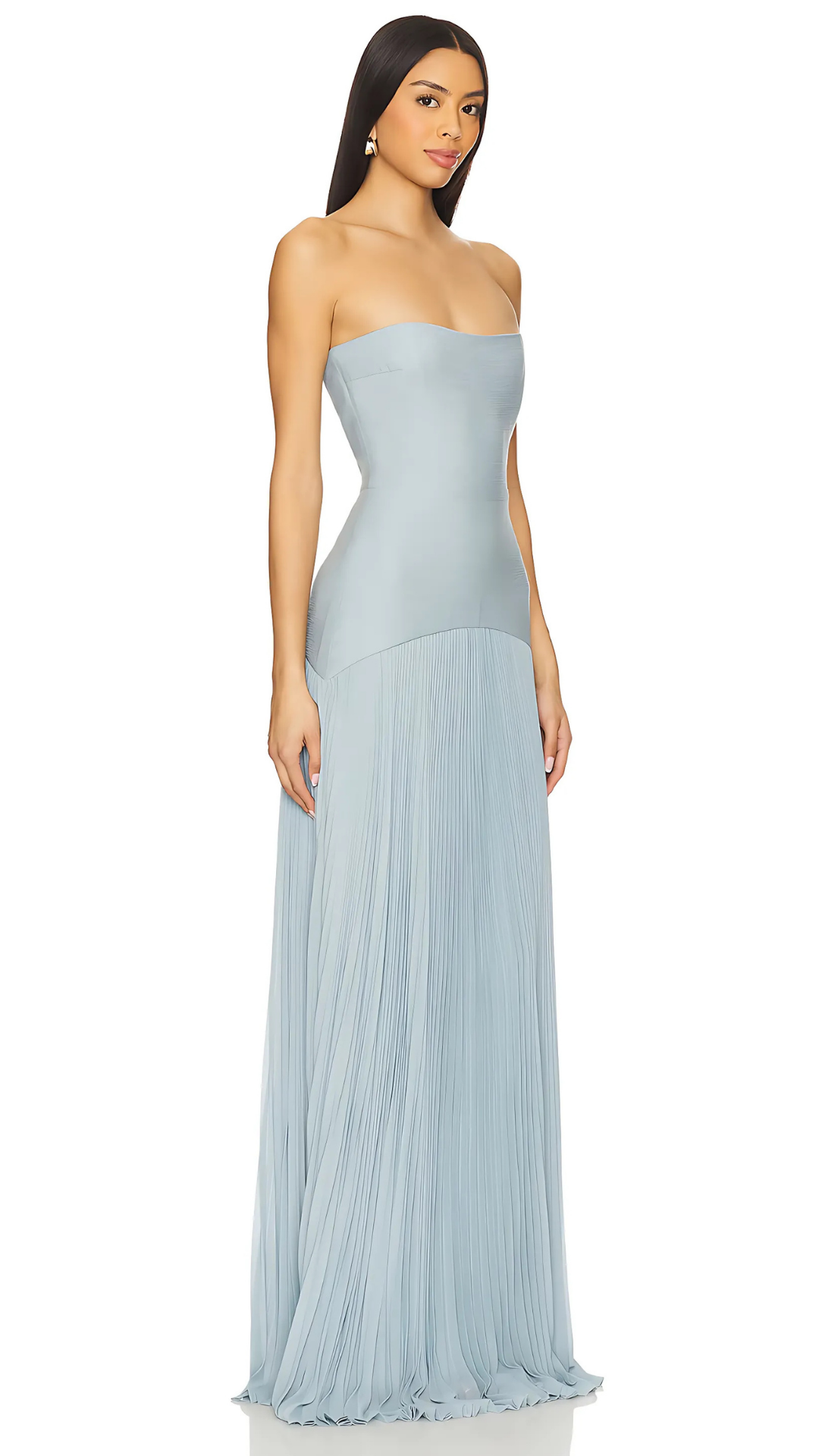 Light blue strapless maxi dress with pleated skirt front