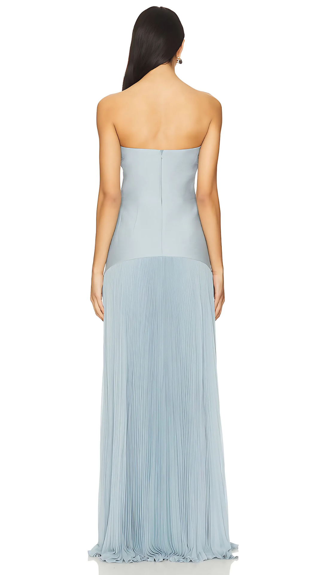 Light blue strapless evening gown back view with zip closure