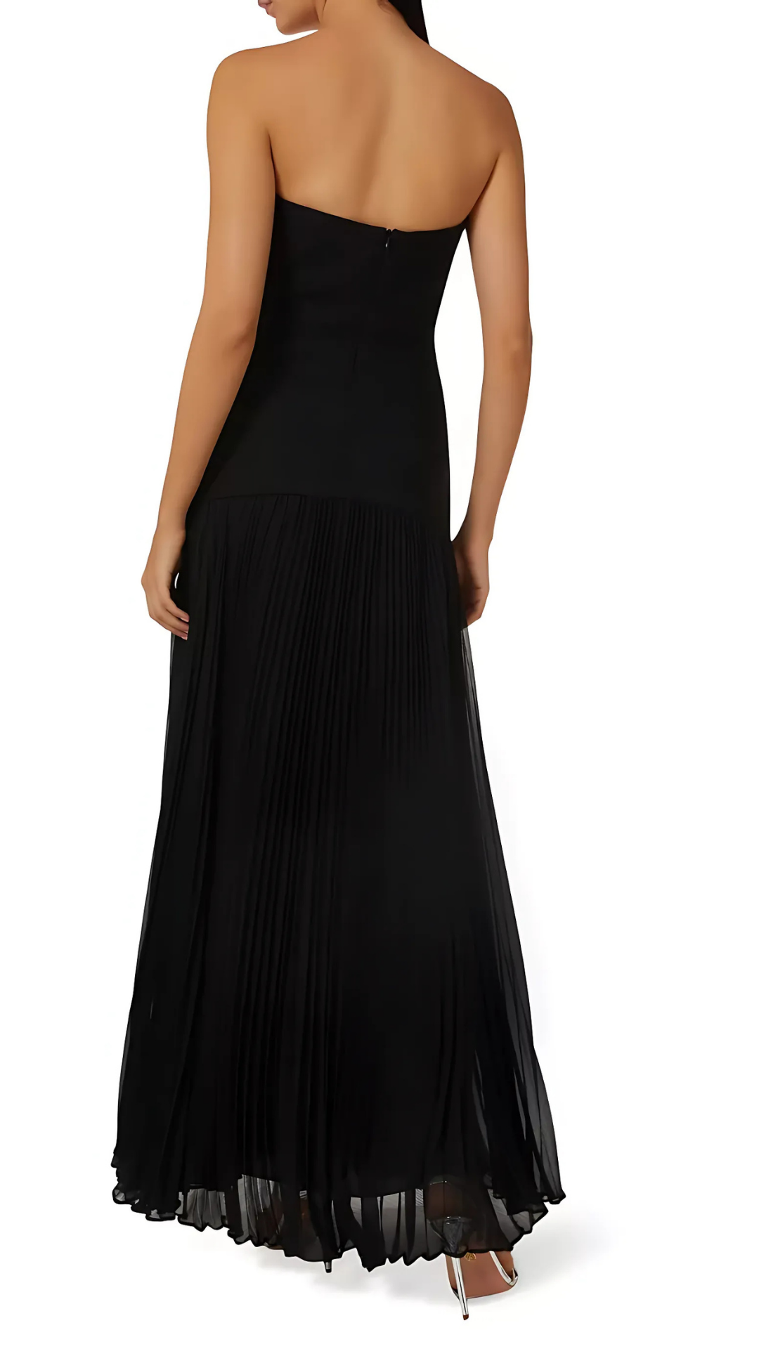 Black strapless maxi dress with pleated skirt back view