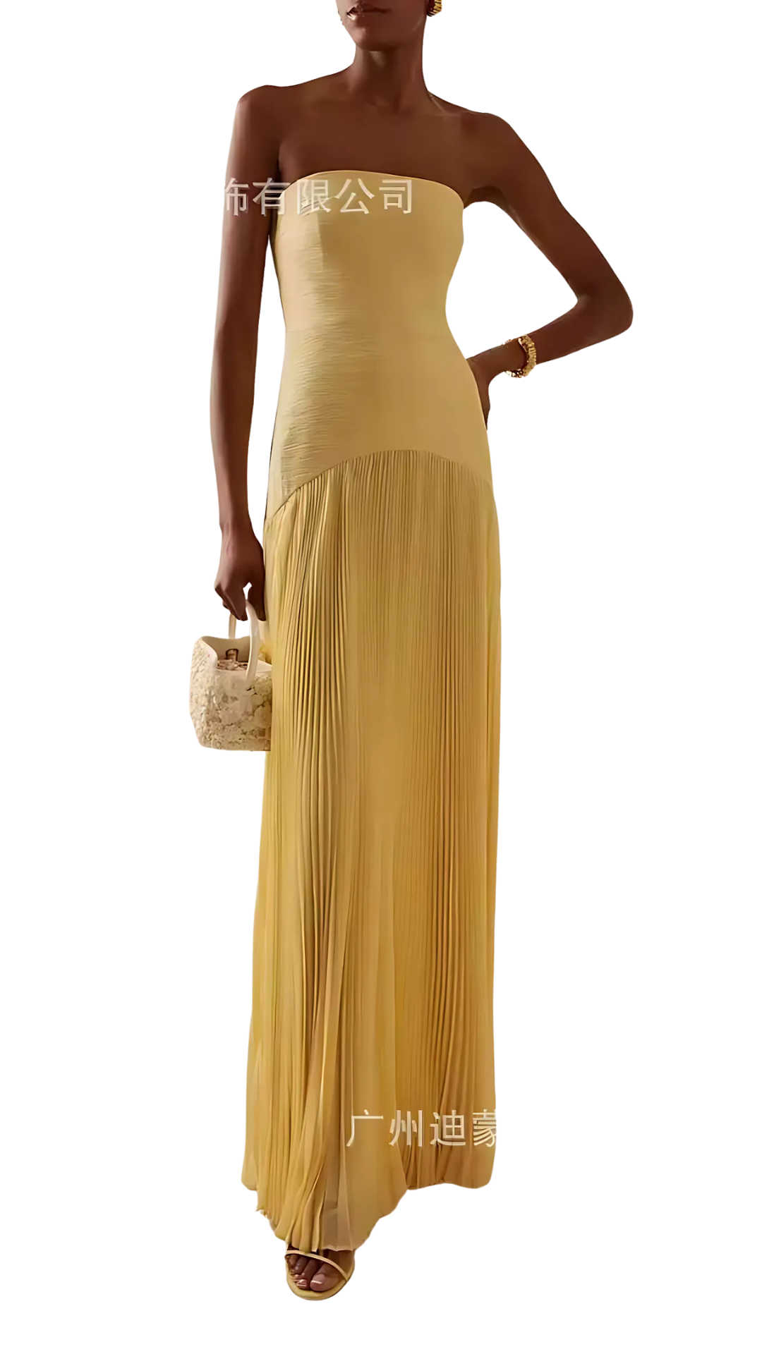 Gold strapless pleated maxi dress with side carry bag