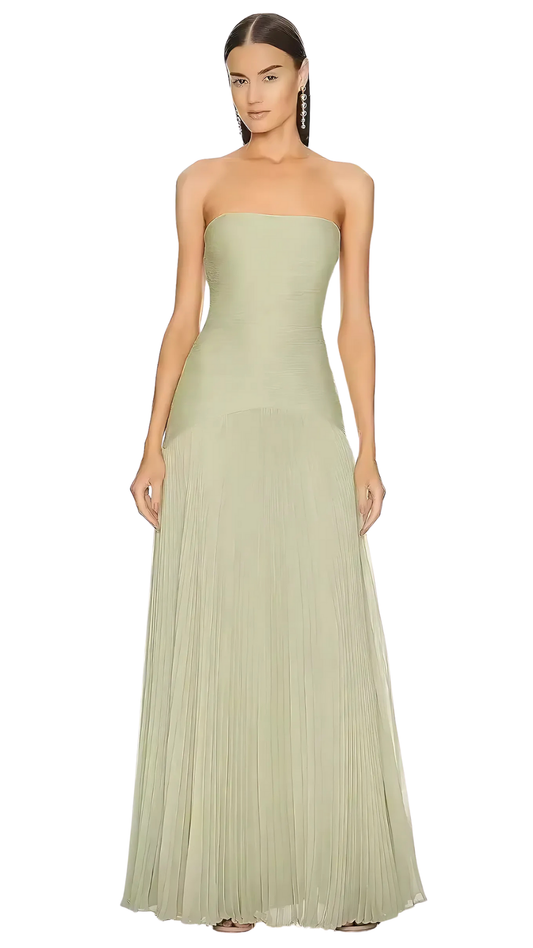 Sage green strapless maxi dress with pleated skirt