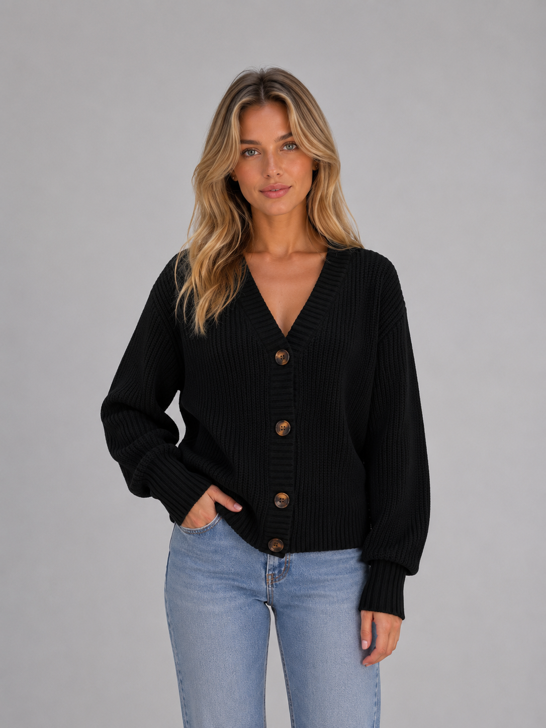 SUSANNAH | RIBBED V-NECK BUTTON CARDIGAN - Black