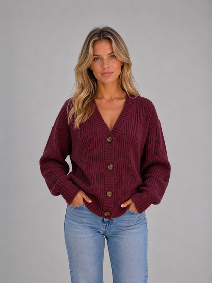 SUSANNAH | RIBBED V-NECK BUTTON CARDIGAN - Bordeaux