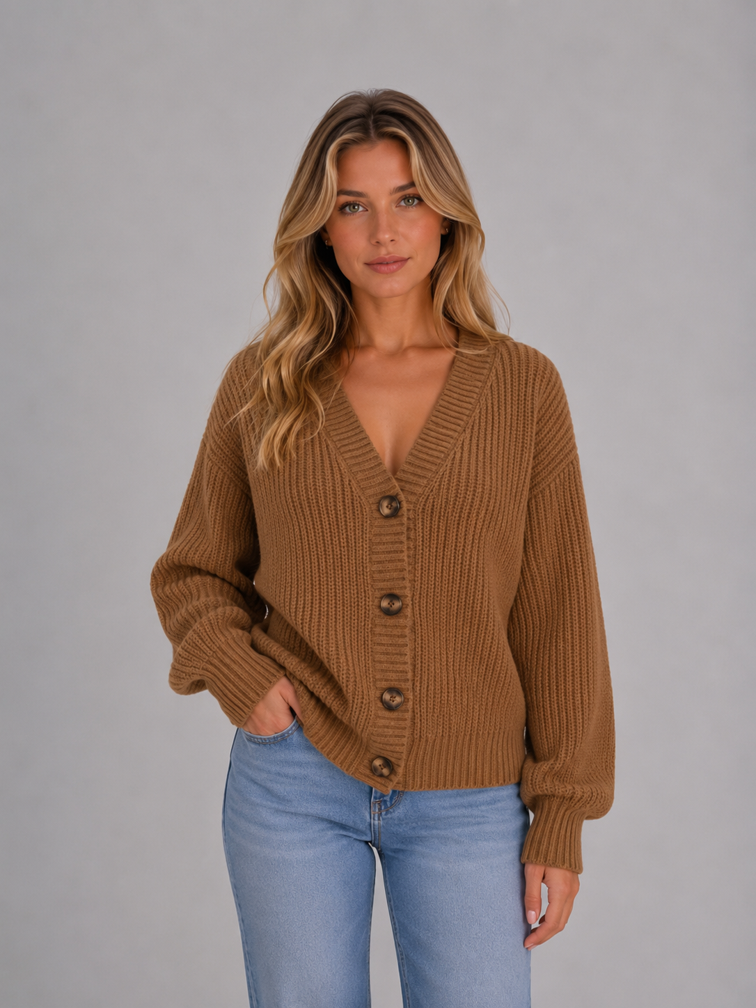 SUSANNAH | RIBBED V-NECK BUTTON CARDIGAN - Camel