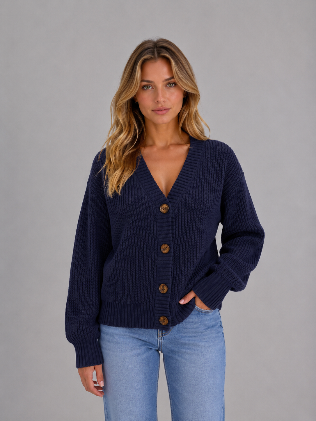 SUSANNAH | RIBBED V-NECK BUTTON CARDIGAN - Navy