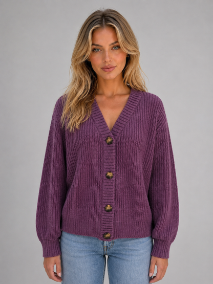 SUSANNAH | RIBBED V-NECK BUTTON CARDIGAN - Purple