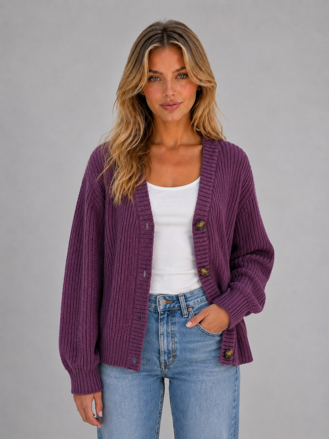 SUSANNAH | RIBBED V-NECK BUTTON CARDIGAN - Purple