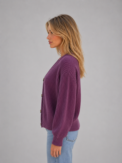 SUSANNAH | RIBBED V-NECK BUTTON CARDIGAN - Purple