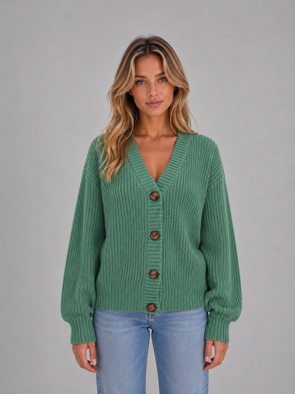 SUSANNAH | RIBBED V-NECK BUTTON CARDIGAN - Sage