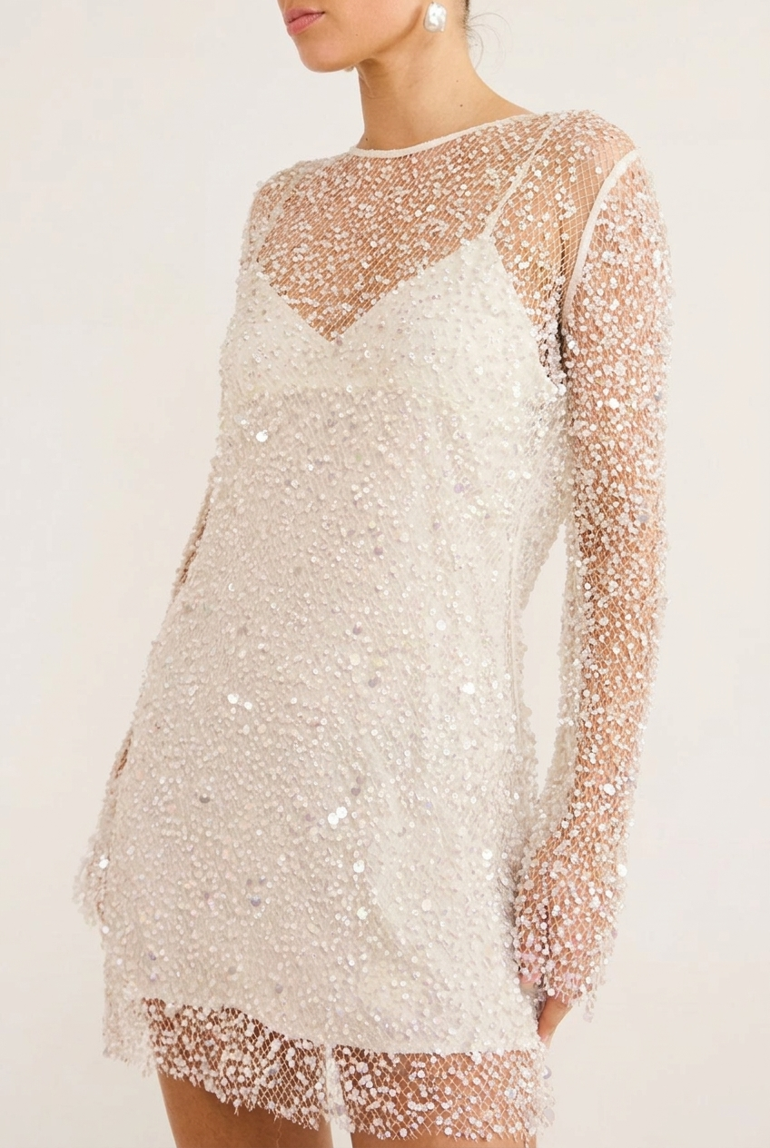 SVEA | SEQUIN LONG SLEEVE MINI DRESS - White