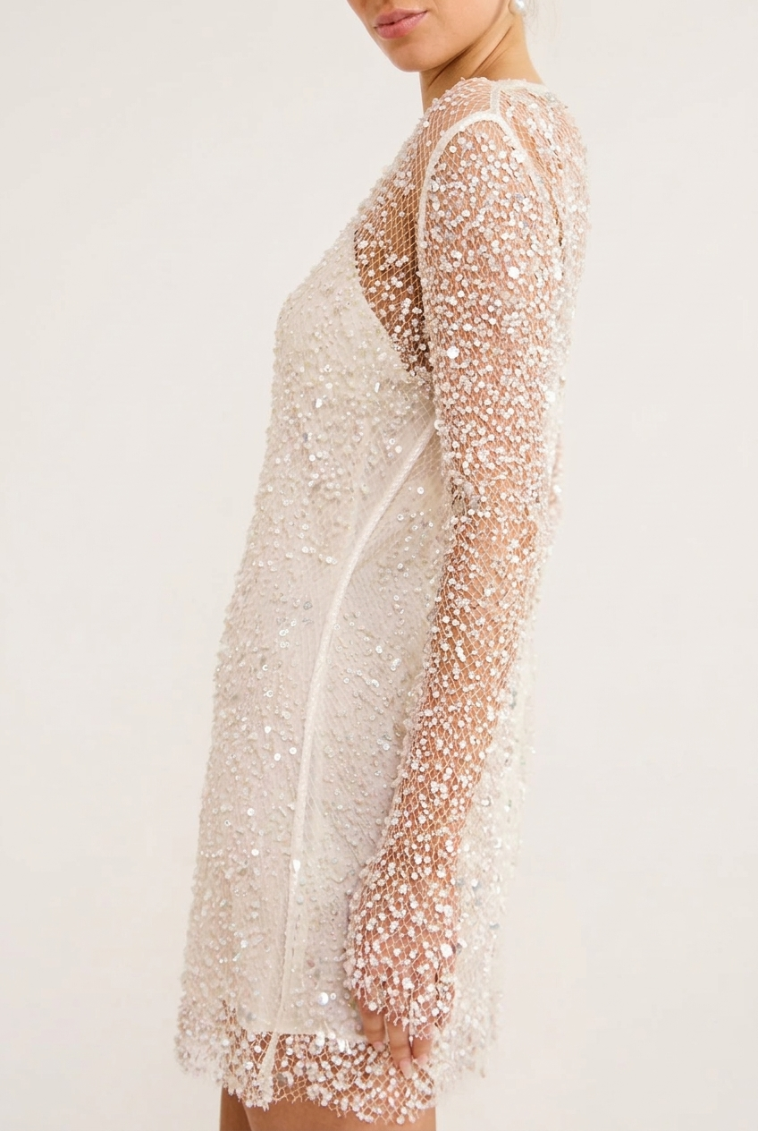 SVEA | SEQUIN LONG SLEEVE MINI DRESS - White