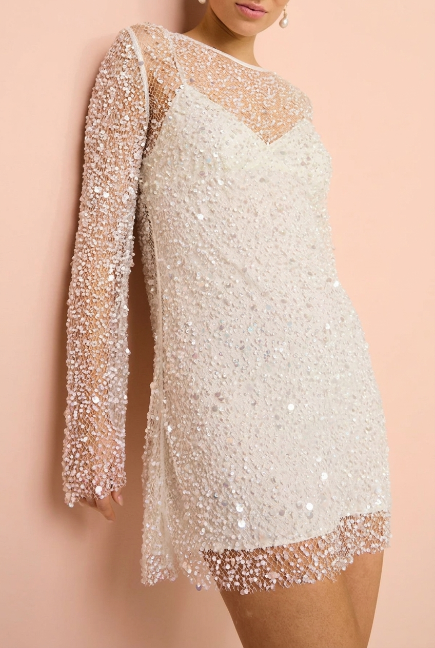 SVEA | SEQUIN LONG SLEEVE MINI DRESS - White
