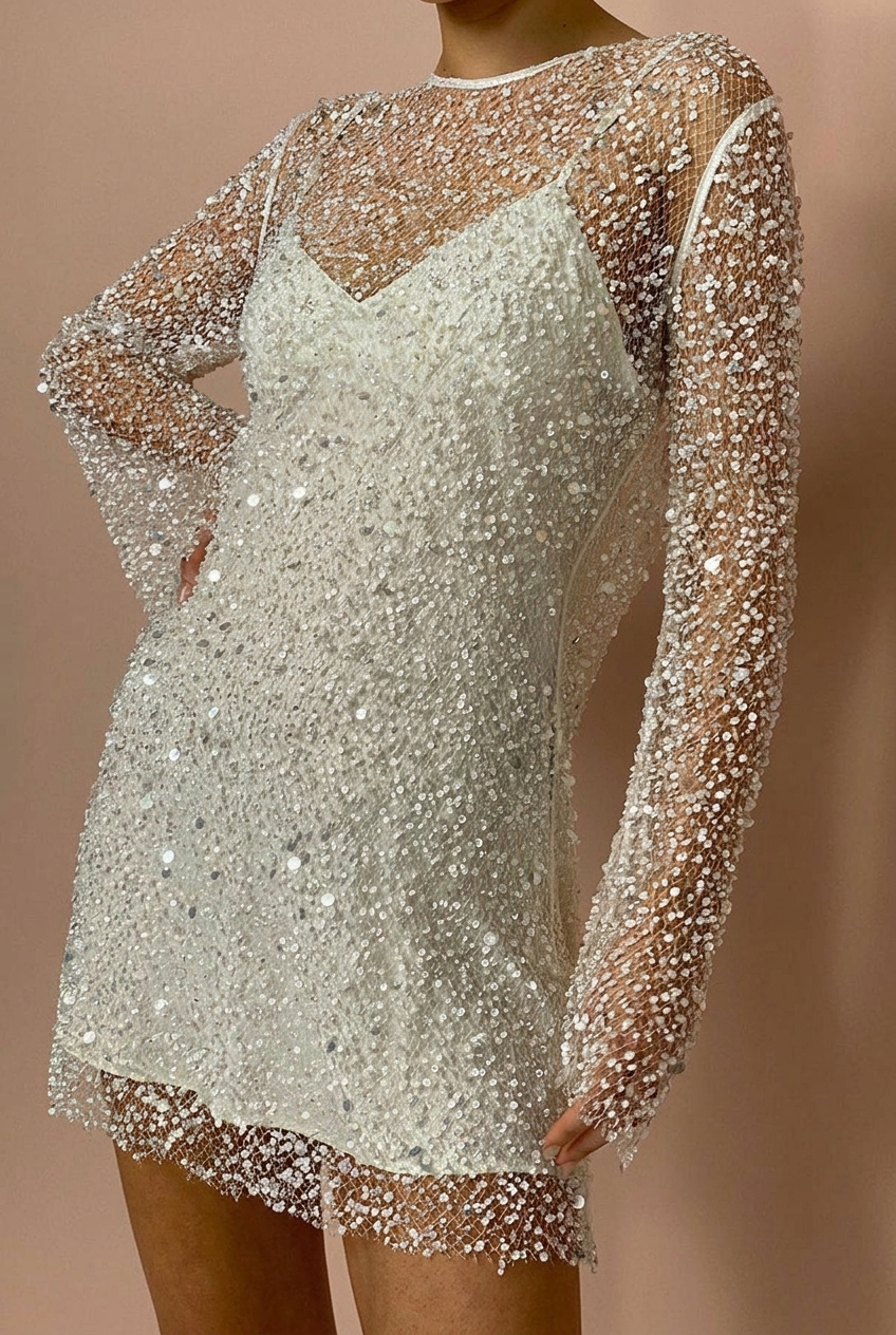 SVEA | SEQUIN LONG SLEEVE MINI DRESS - White