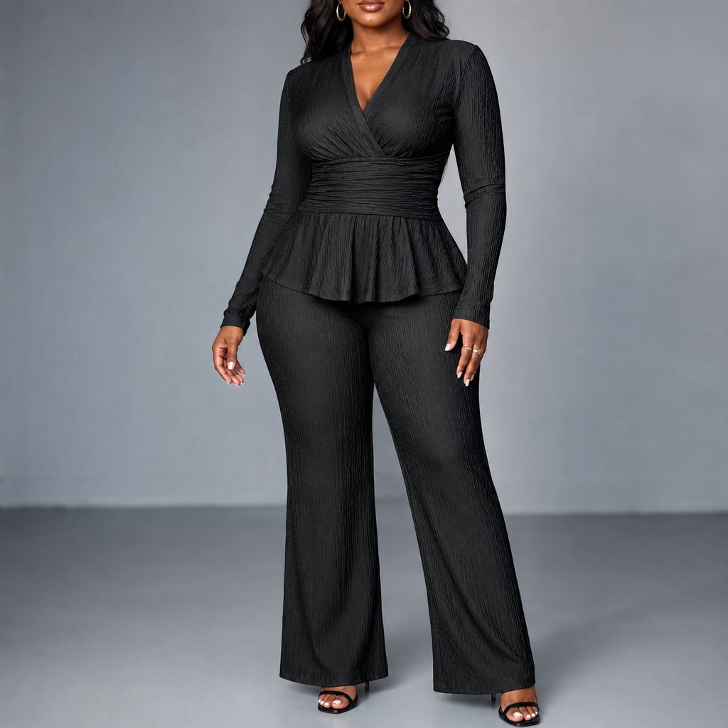 SYBIL | WRAP PEPLUM TROUSER SET - Black