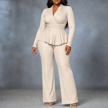 SYBIL | WRAP PEPLUM TROUSER SET - Oatmeal
