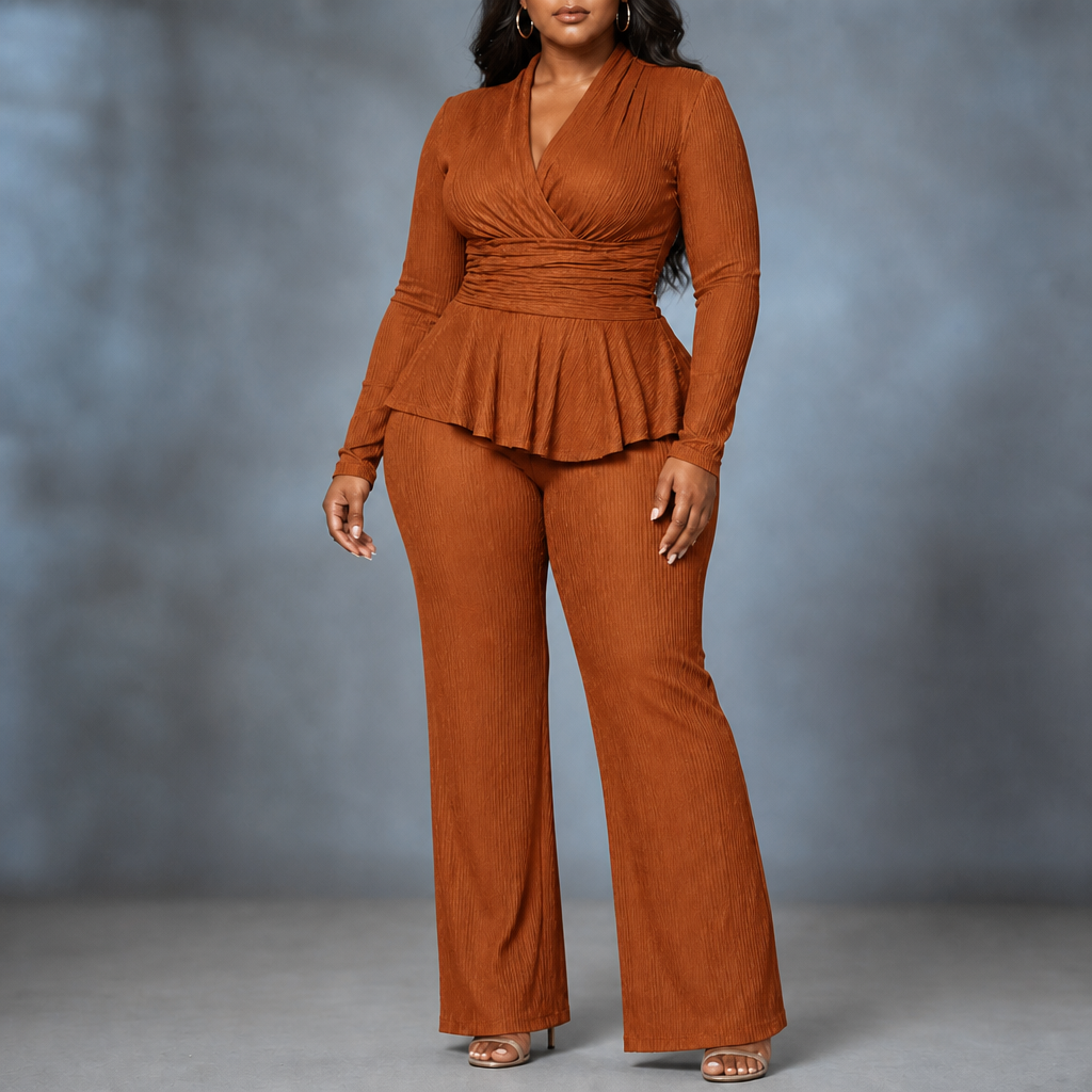 SYBIL | WRAP PEPLUM TROUSER SET - Rust