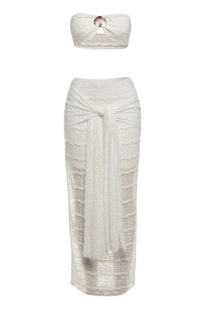 White lace bandeau top and high-waisted maxi skirt with side tie detail