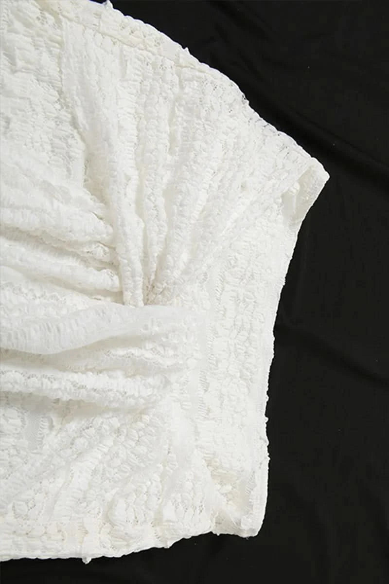 White crinkled linen texture detail on bandeau bikini top