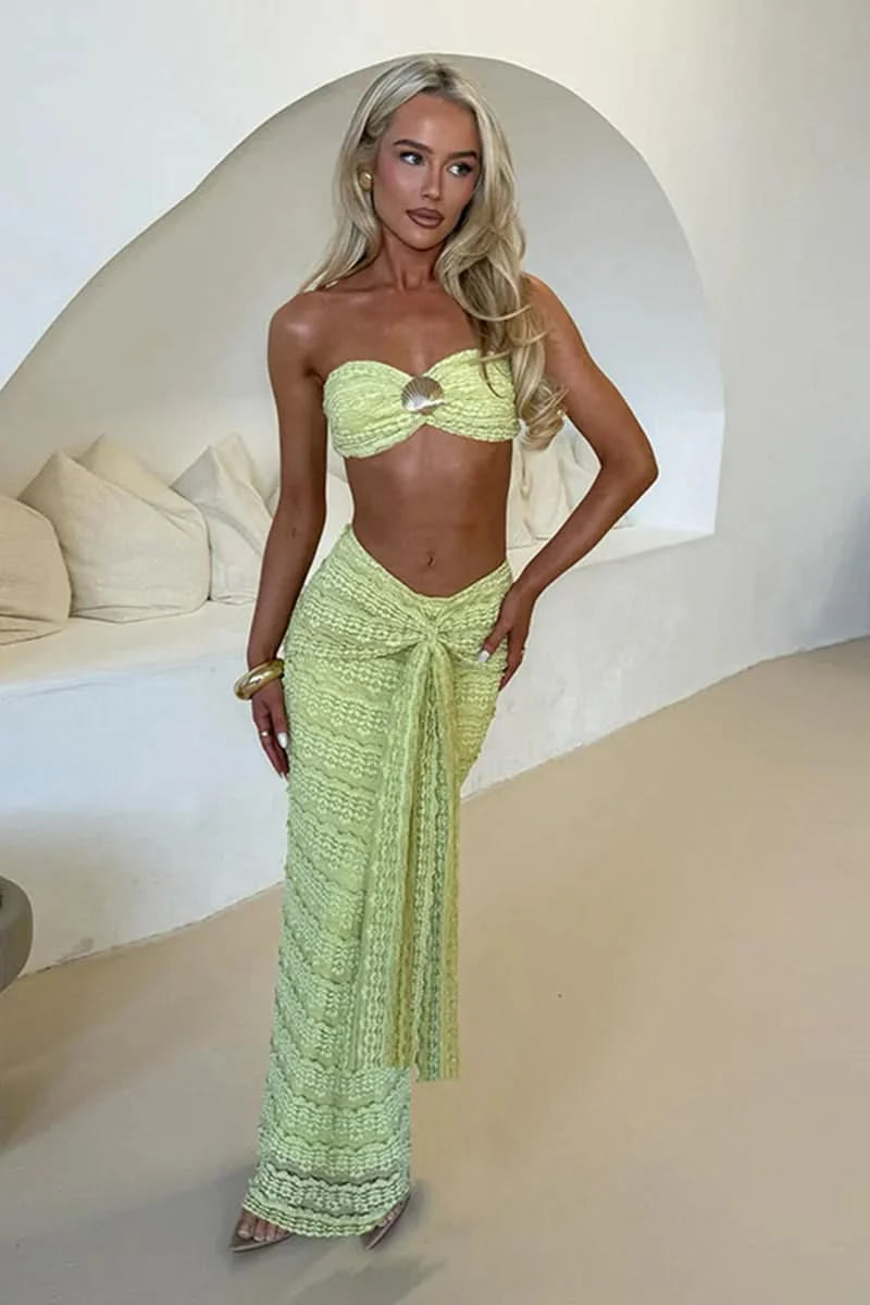 Lime green crinkled bandeau bikini with shell buckle and wrapped maxi skirt