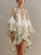 TALITHA | RUFFLE SLEEVE CHIFFON MINI DRESS - Ivory and Sage Print