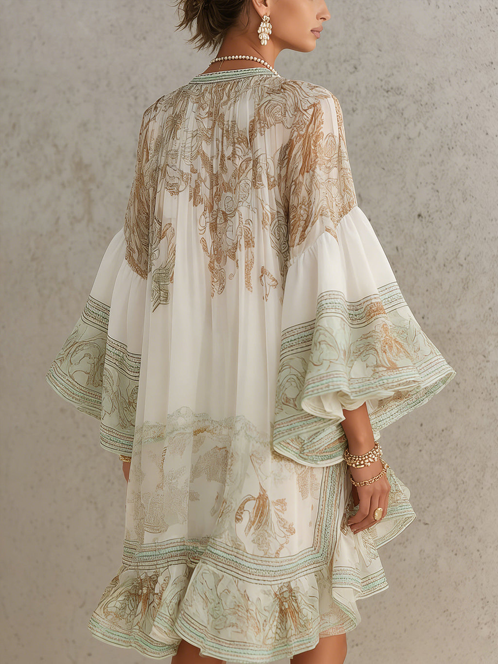 TALITHA | RUFFLE SLEEVE CHIFFON MINI DRESS - Ivory and Sage Print