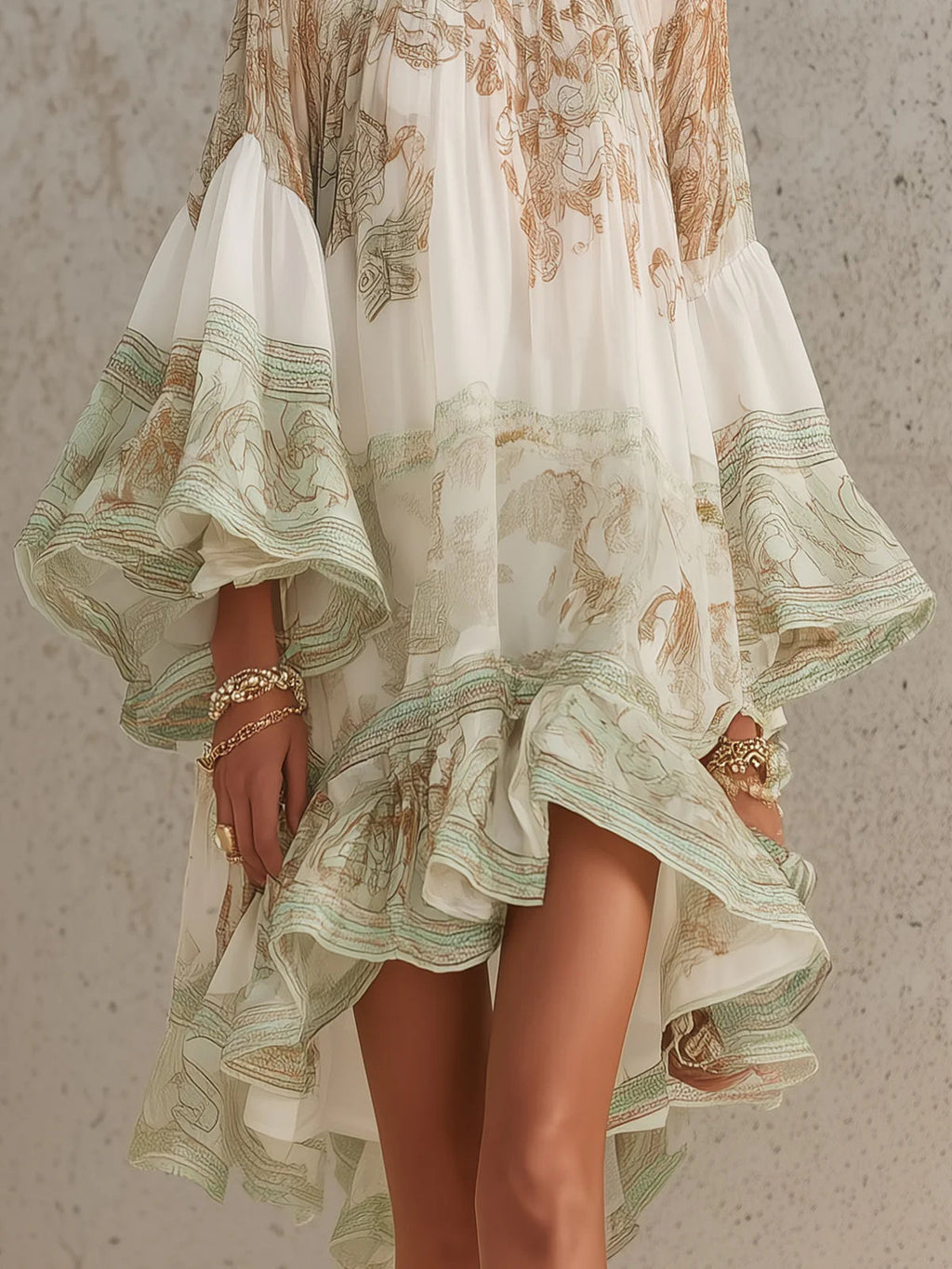 TALITHA | RUFFLE SLEEVE CHIFFON MINI DRESS - Ivory and Sage Print