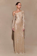 TAMAR | EMBELLISHED ASYMMETRIC MAXI DRESS - Nude