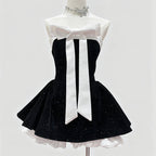 TAMSYN | BOW FRONT VELVET MINI DRESS - Black