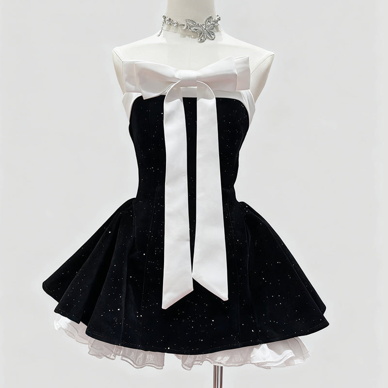 TAMSYN | BOW FRONT VELVET MINI DRESS - Black