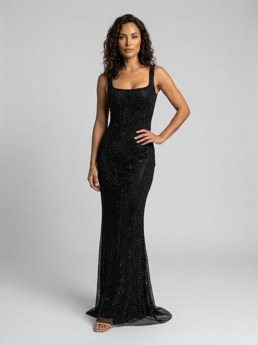 TANITH | RHINESTONE MESH SQUARE NECK MAXI DRESS - Black