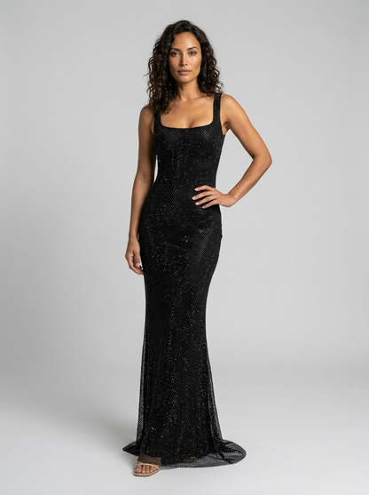 TANITH | RHINESTONE MESH SQUARE NECK MAXI DRESS - Black