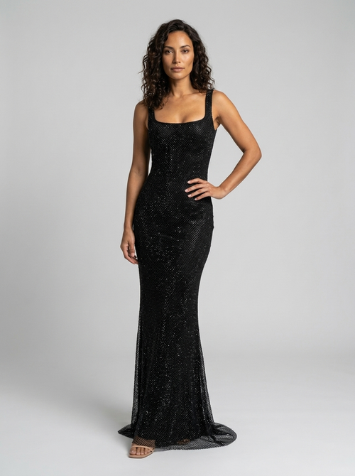 TANITH | RHINESTONE MESH SQUARE NECK MAXI DRESS - Black
